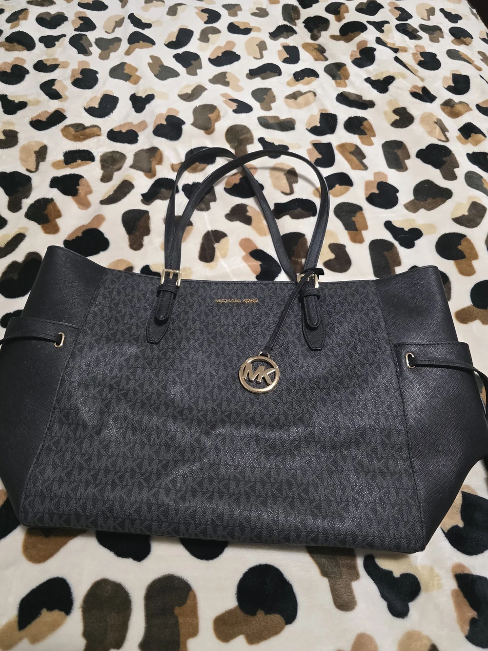 Michael Kors Black MK Logo Shoulder Tote with Gold Charm And matching wallet.